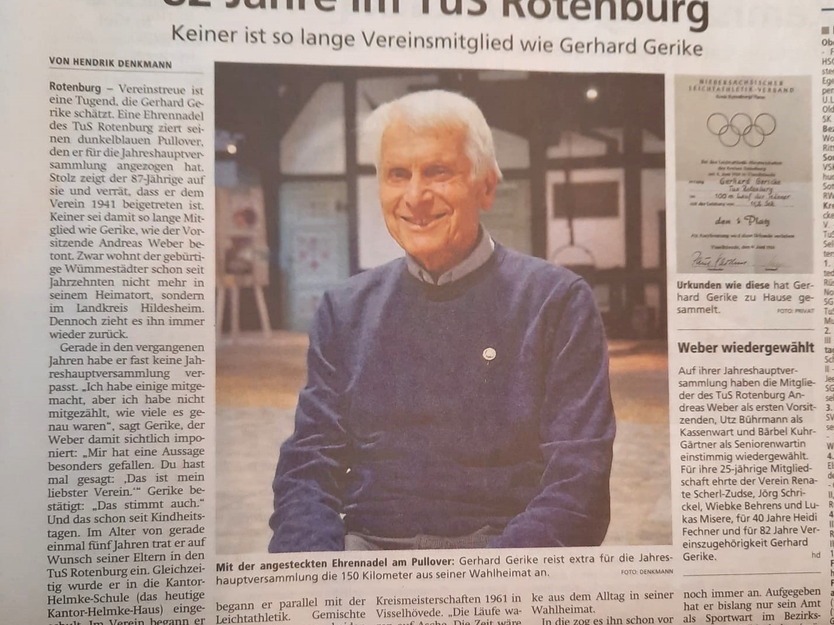 Gerhard Gerike ist 82 Jahre Mitglied im TuS Rotenburg